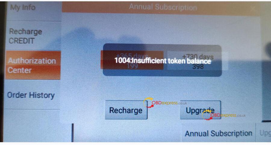 obdstar odomaster error 1004 : Insufficient token balance