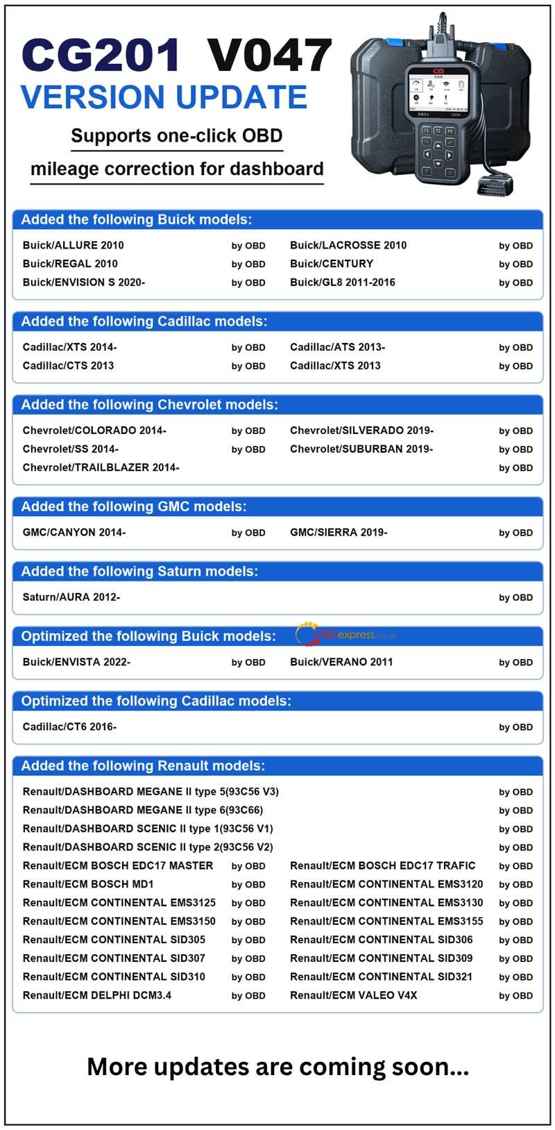 CGDI CG201 V047 adds one-click OBD mileage correction for dashboards and expands coverage